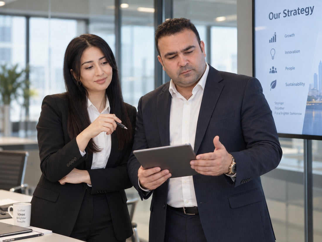 Samir Musayev and Fatima Hasanova reviewing a tablet
