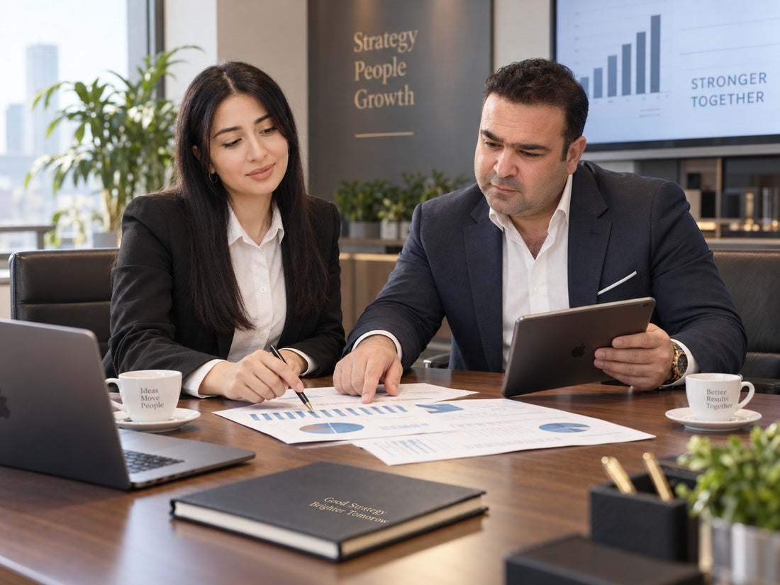 Samir Musayev and Fatima Hasanova reviewing a plan